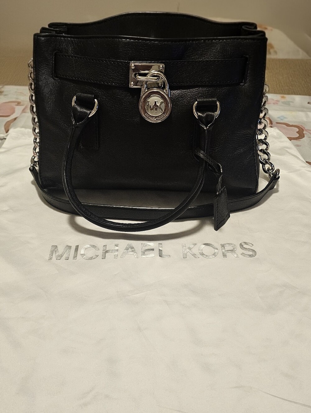 Michael Kors Black Leather Satchel with Silver-Tone Chain Strap